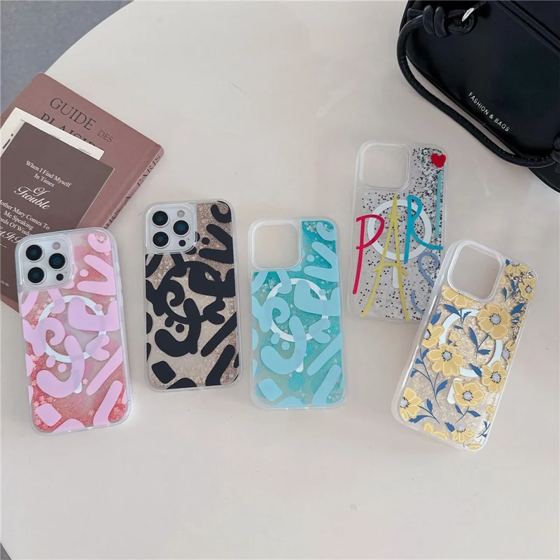 For iPhone 16 Pro Max Magnetic Case Quicksand Skin Touch Pattern TPU PC Phone Back Cover - Leopard Black