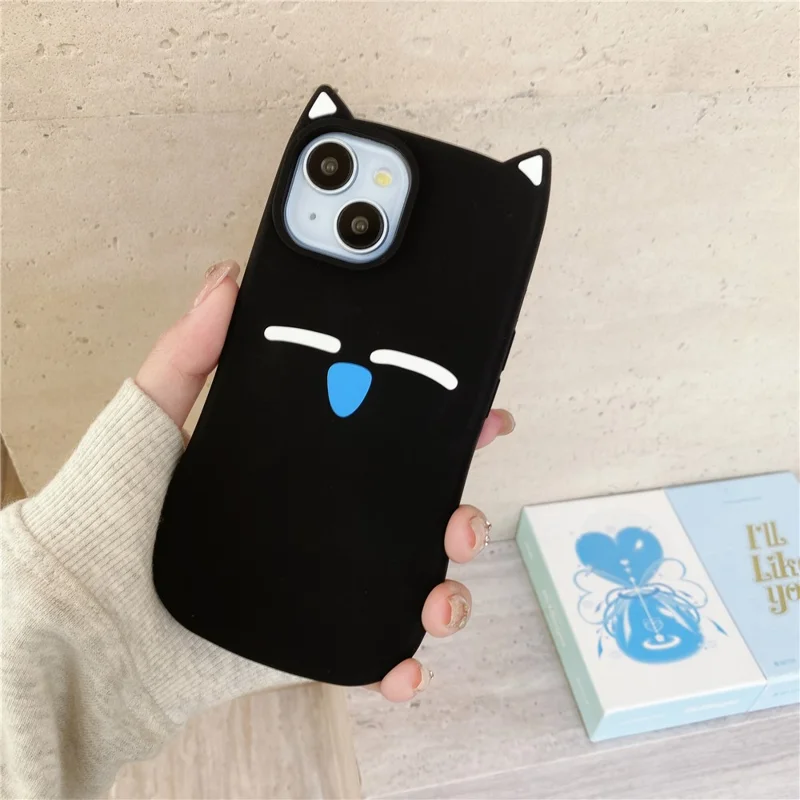 For iPhone 15 Silicone Case Cute Black Cat Design Shockproof Phone Back Cover