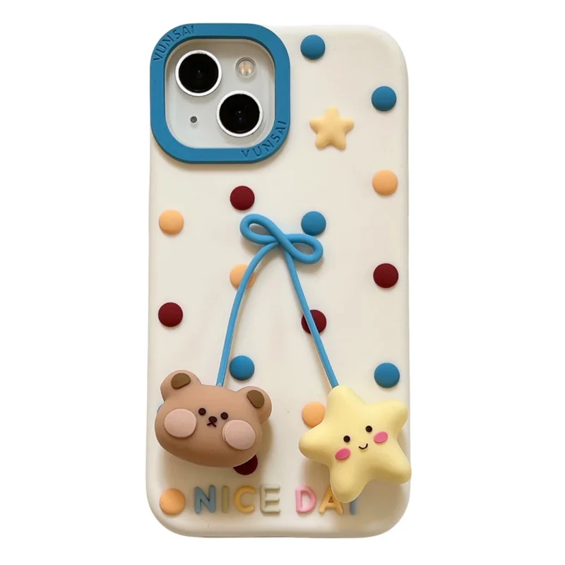 For iPhone 15 Silicone Case Cute Dot Pendant Bear Design Shockproof Phone Back Cover