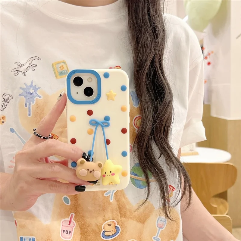 For iPhone 15 Silicone Case Cute Dot Pendant Bear Design Shockproof Phone Back Cover