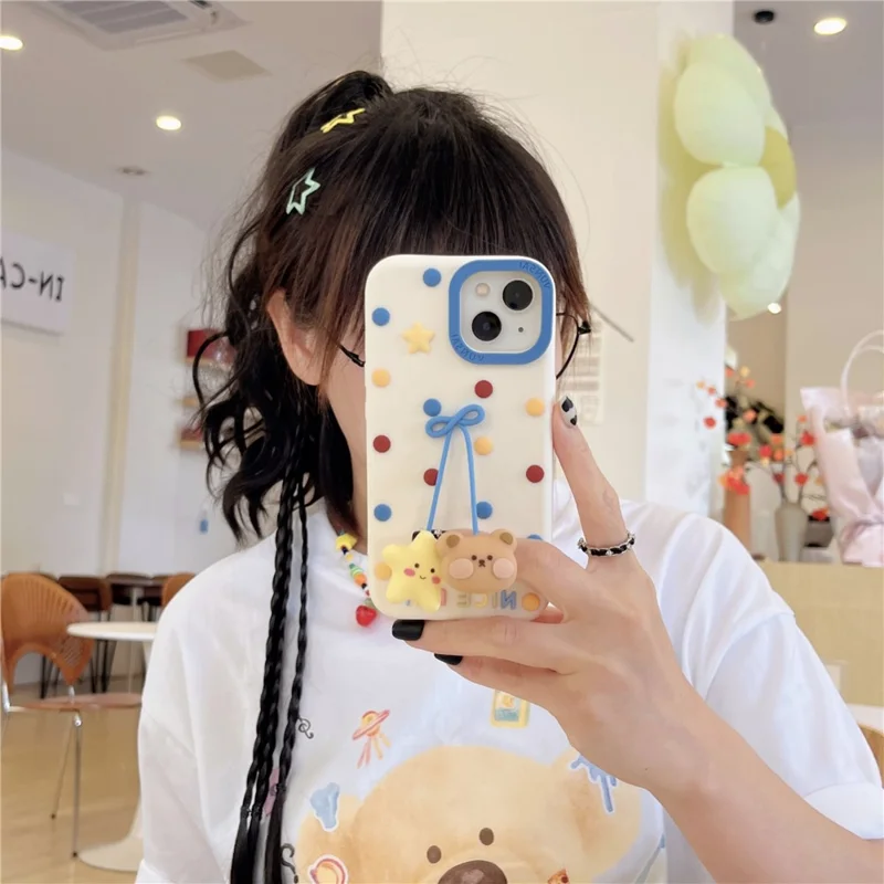 For iPhone 15 Silicone Case Cute Dot Pendant Bear Design Shockproof Phone Back Cover