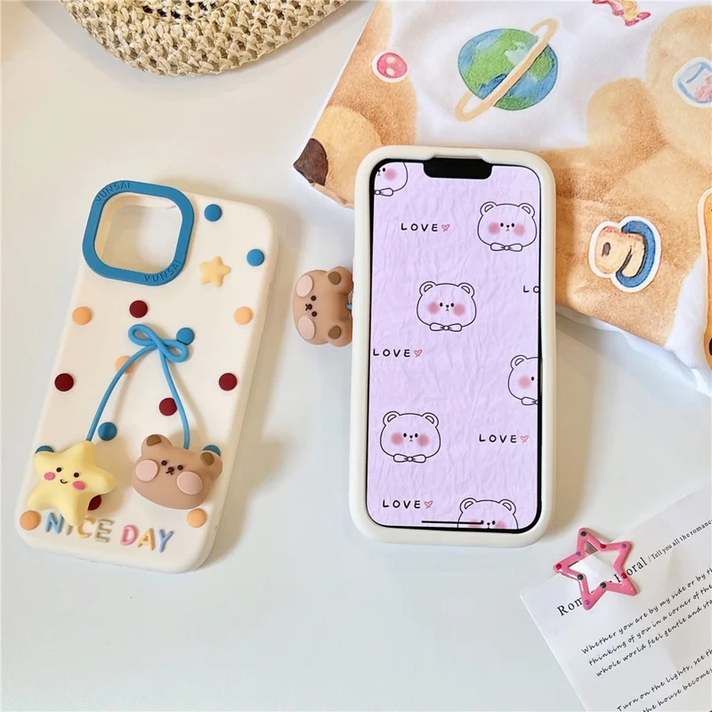 For iPhone 15 Silicone Case Cute Dot Pendant Bear Design Shockproof Phone Back Cover