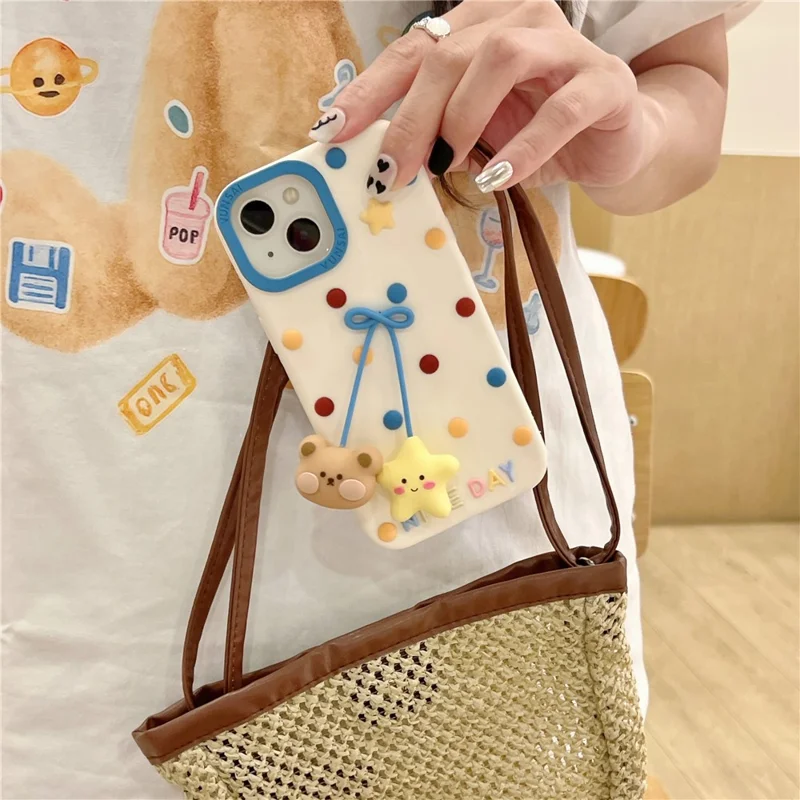 For iPhone 15 Silicone Case Cute Dot Pendant Bear Design Shockproof Phone Back Cover