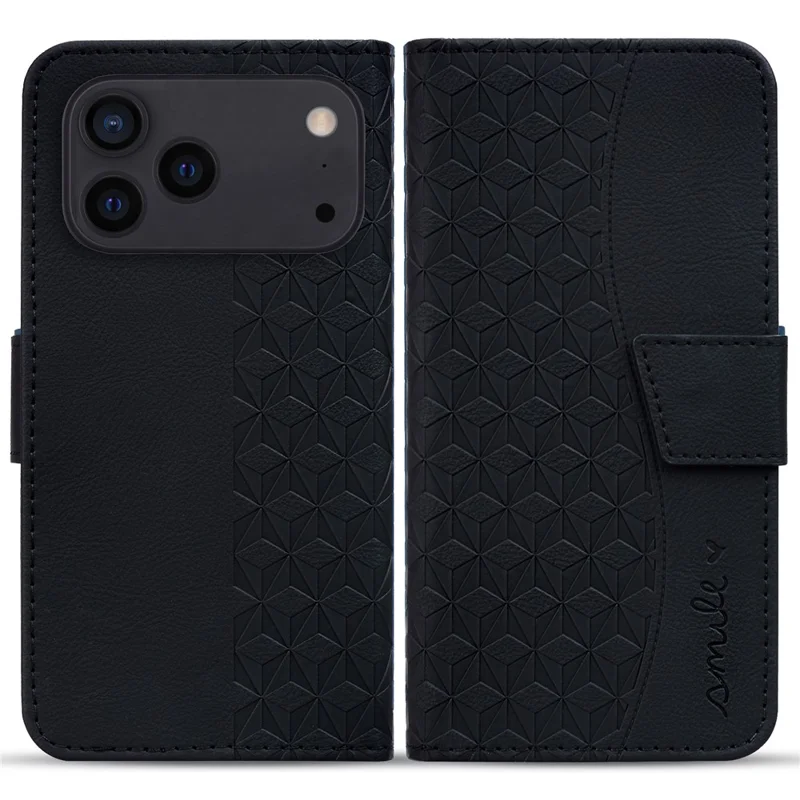 Für iPhone 17 Pro Hülle Rautenmuster Leder Geldbörse Handyhülle mit Handschlaufe - Schwarz