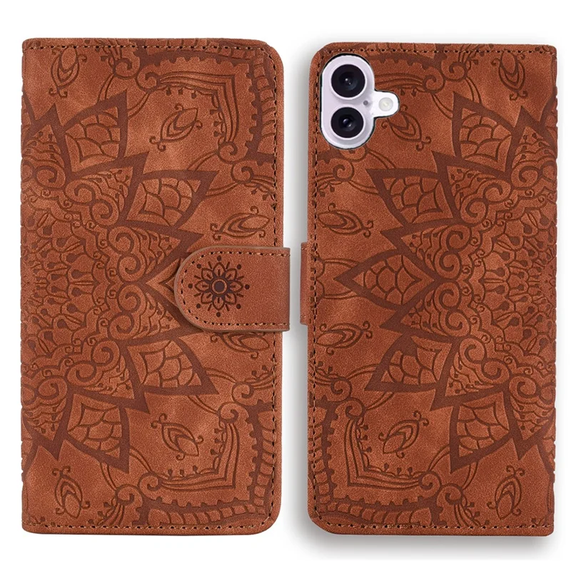 For iPhone 17 Case Flower Imprinted PU Leather Wallet Flip Phone Cover with Wrist Strap - Brown