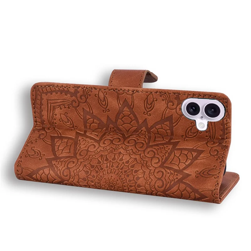 For iPhone 17 Case Flower Imprinted PU Leather Wallet Flip Phone Cover with Wrist Strap - Brown