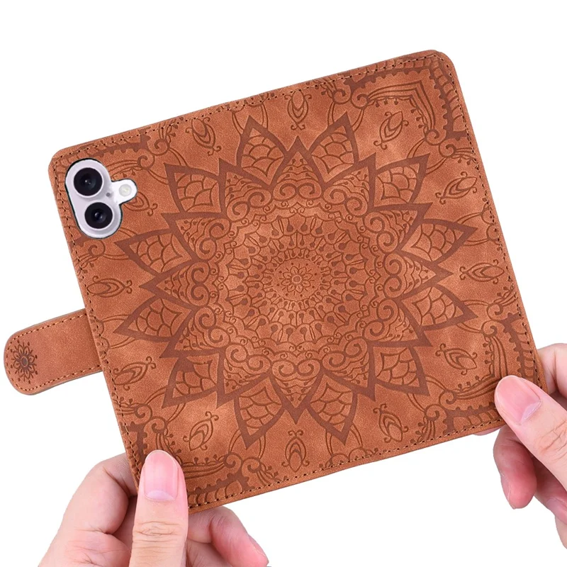 For iPhone 17 Case Flower Imprinted PU Leather Wallet Flip Phone Cover with Wrist Strap - Brown