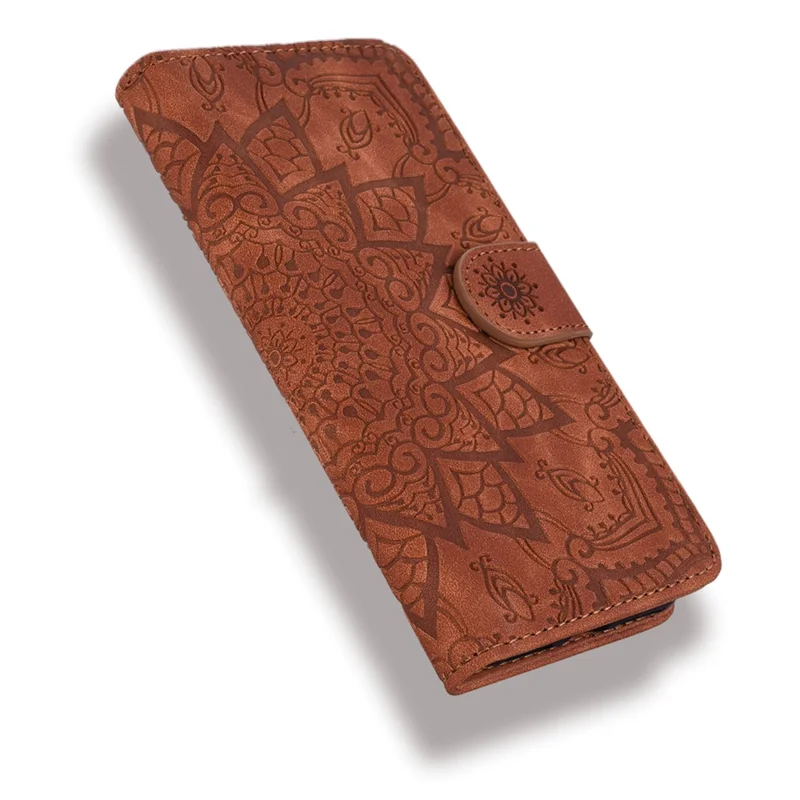 For iPhone 17 Case Flower Imprinted PU Leather Wallet Flip Phone Cover with Wrist Strap - Brown