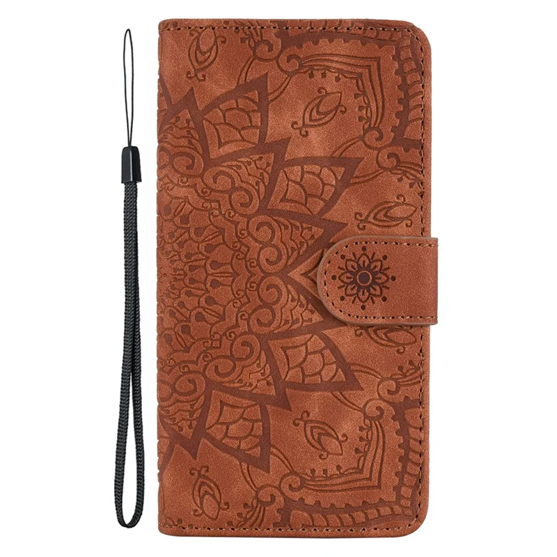 For iPhone 17 Case Flower Imprinted PU Leather Wallet Flip Phone Cover with Wrist Strap - Brown