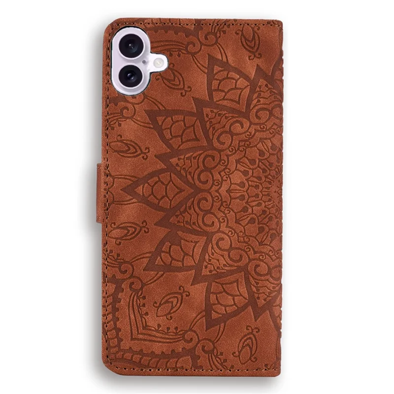 For iPhone 17 Case Flower Imprinted PU Leather Wallet Flip Phone Cover with Wrist Strap - Brown
