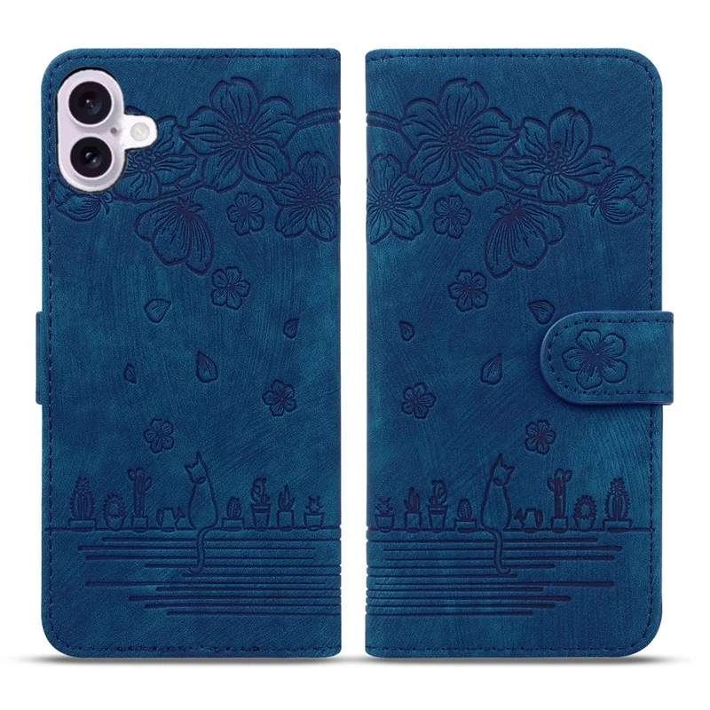For iPhone 17 Case Cherry Blossom Cat Imprinted Leather Phone Cover with Wrist Strap - Blue