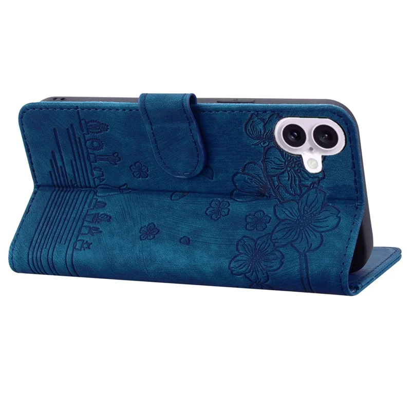 For iPhone 17 Case Cherry Blossom Cat Imprinted Leather Phone Cover with Wrist Strap - Blue