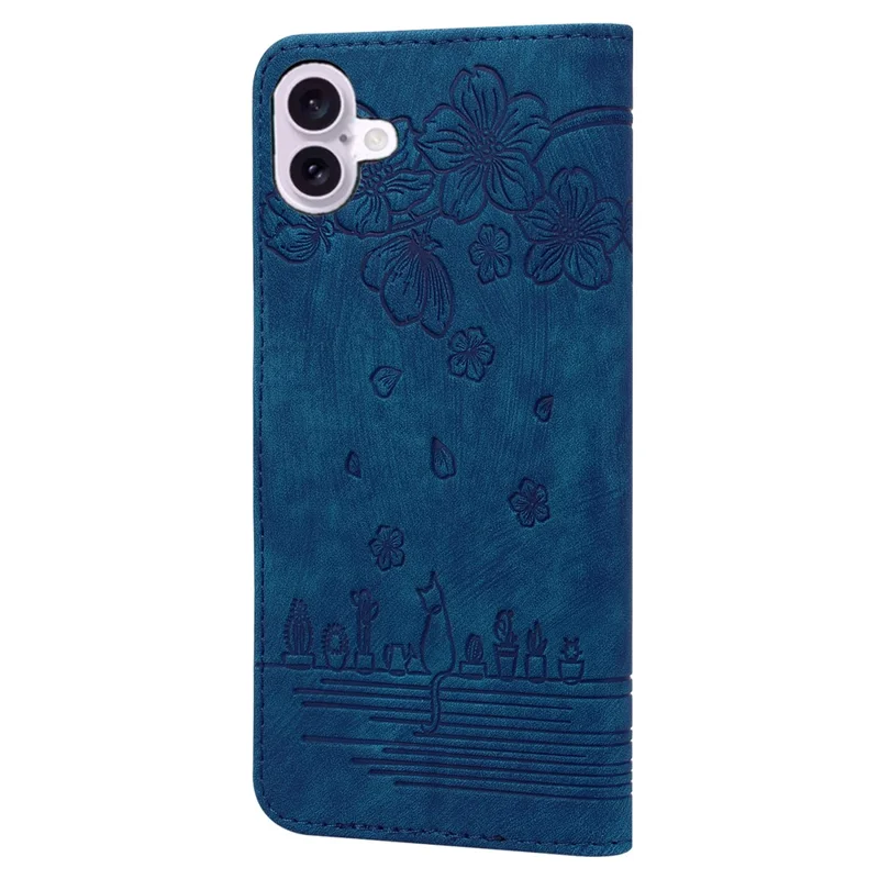 For iPhone 17 Case Cherry Blossom Cat Imprinted Leather Phone Cover with Wrist Strap - Blue