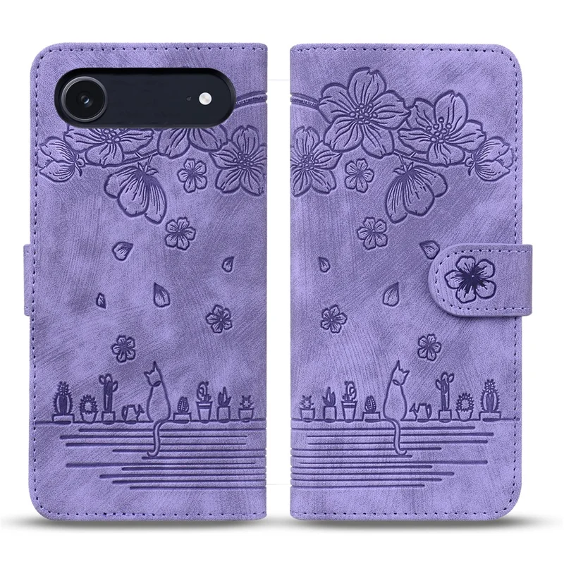 For iPhone Air Case Cherry Blossom Cat Imprinted Leather Phone Cover with Wrist Strap - Purple