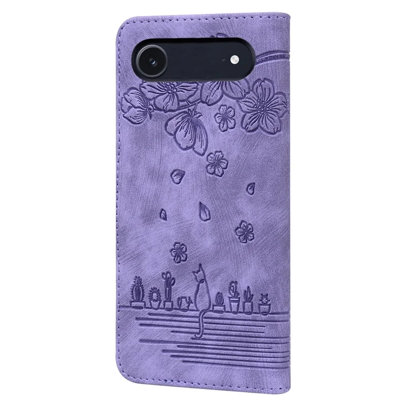 For iPhone Air Case Cherry Blossom Cat Imprinted Leather Phone Cover with Wrist Strap - Purple