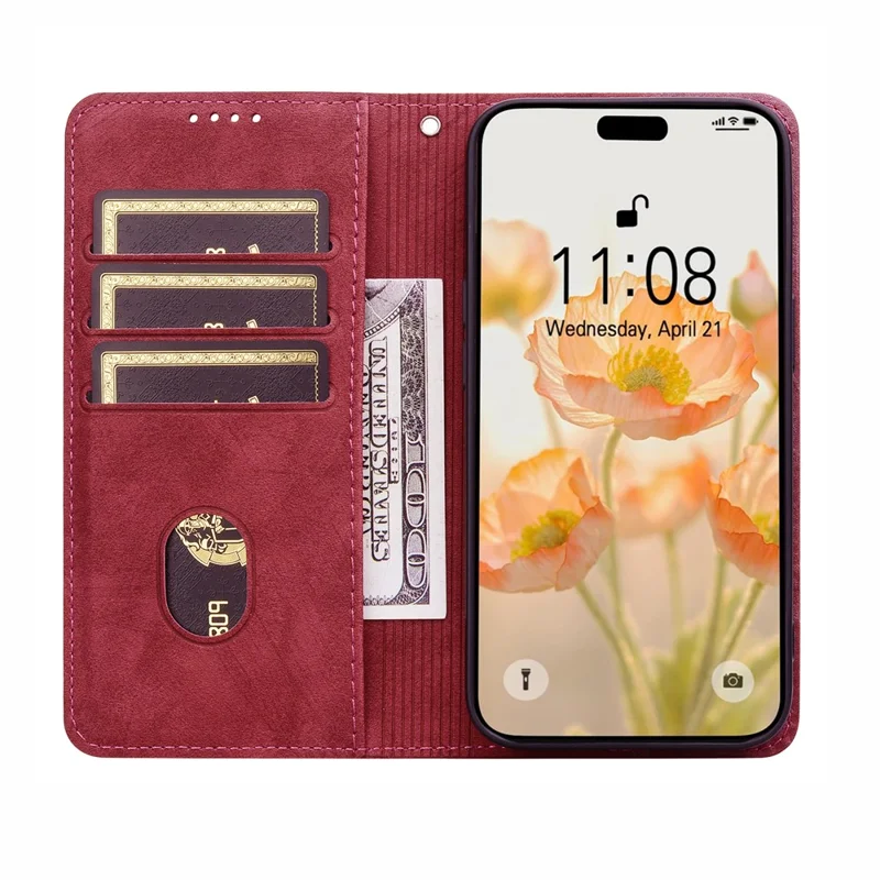 Cover a portafoglio per iPhone 17 con motivo a linee, in pelle con cinturino - Rosso