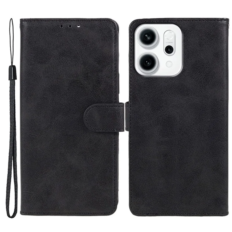 Pour Oppo Reno14 F 5G Étui en Cuir PU Texture de Veau Portefeuille avec Bracelet - Noir