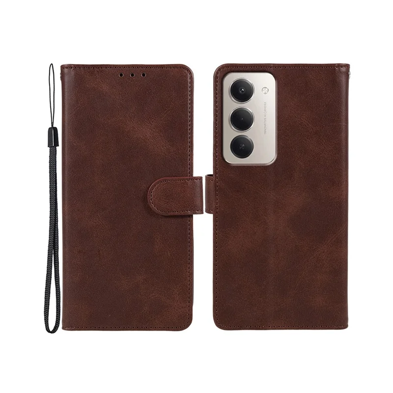 For Xiaomi Redmi 15 5G (Global) (169mm) Case Calf Texture PU Leather Wallet Phone Cover with Wrist Strap - Brown