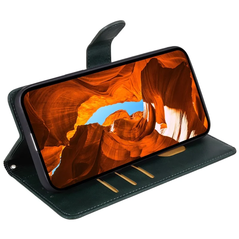 Чехол для Xiaomi Redmi Turbo 4 Pro 5G / Poco F7 5G с текстурой теленка из искусственной кожи с карманом для карт и ремешком на запястье - Темно-зеленый