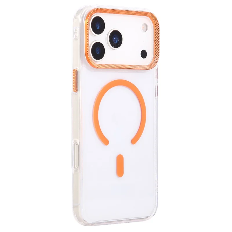 For iPhone 17 Pro Max Case Compatible with MagSafe PC + TPU Clear Phone Cover with Diamond Texture Lens Frame - Orange