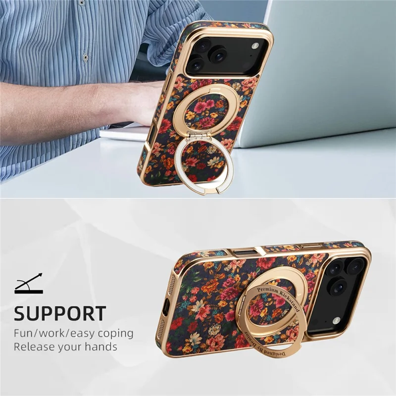 A22 For iPhone 17 Pro Case Compatible with MagSafe Kickstand Electroplated Floral Phone Cover - Purple