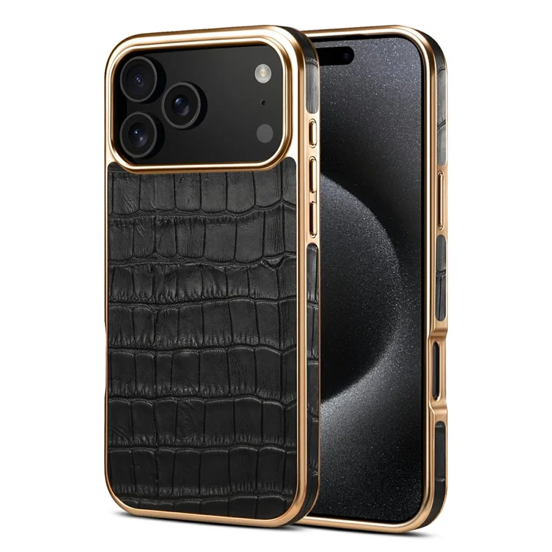 DENIOR Custodia per iPhone 17 Pro in vera pelle bovina Texture coccodrillo Placcatura elettrolitica - Nero