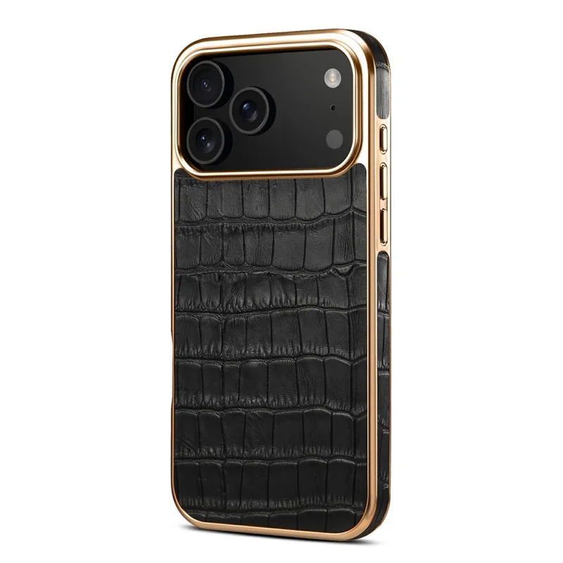 DENIOR Custodia per iPhone 17 Pro in vera pelle bovina Texture coccodrillo Placcatura elettrolitica - Nero