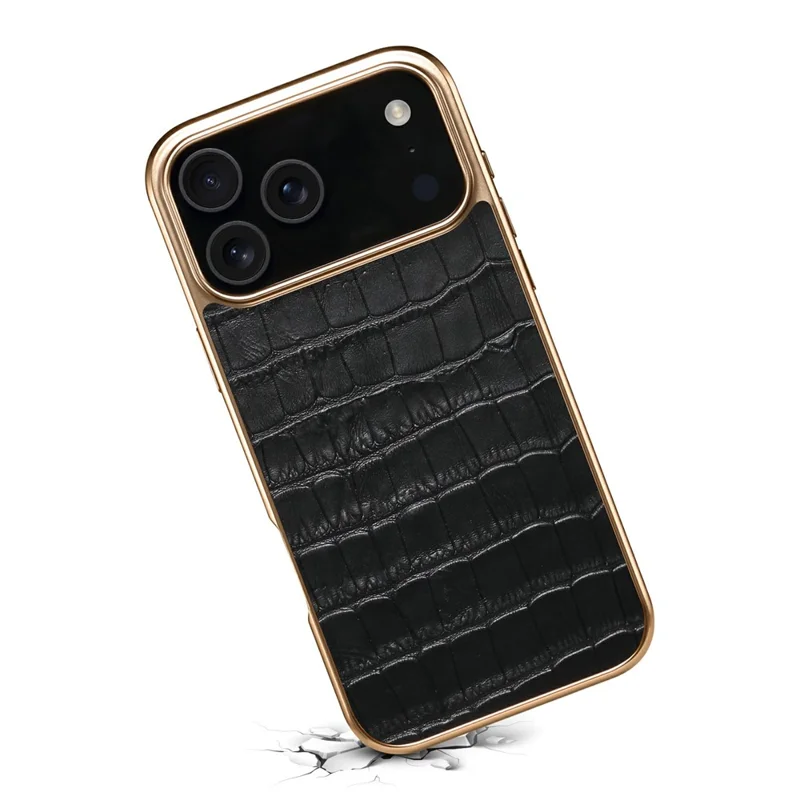 DENIOR Custodia per iPhone 17 Pro in vera pelle bovina Texture coccodrillo Placcatura elettrolitica - Nero