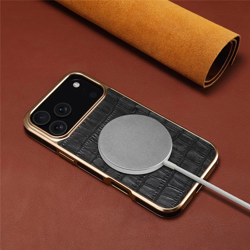 DENIOR Per iPhone 17 Pro Max Cover in Vera Pelle di Mucca con Texture Coccodrillo e Finitura Elettroplaccata - Nero