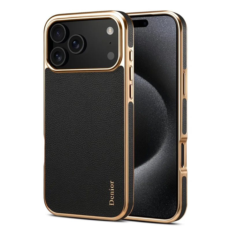 DENIOR Per iPhone 17 Pro Cover in Vera Pelle di Mucca Rivestita in PC + TPU con Finitura Elettroplaccata - Nero