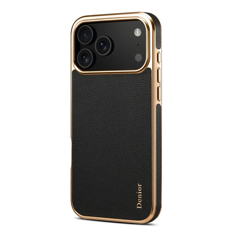 DENIOR Pour iPhone 17 Pro Max Étui en Cuir de Vache Véritable Revêtu de PC + TPU Coque de Téléphone Électrolytique - Noir