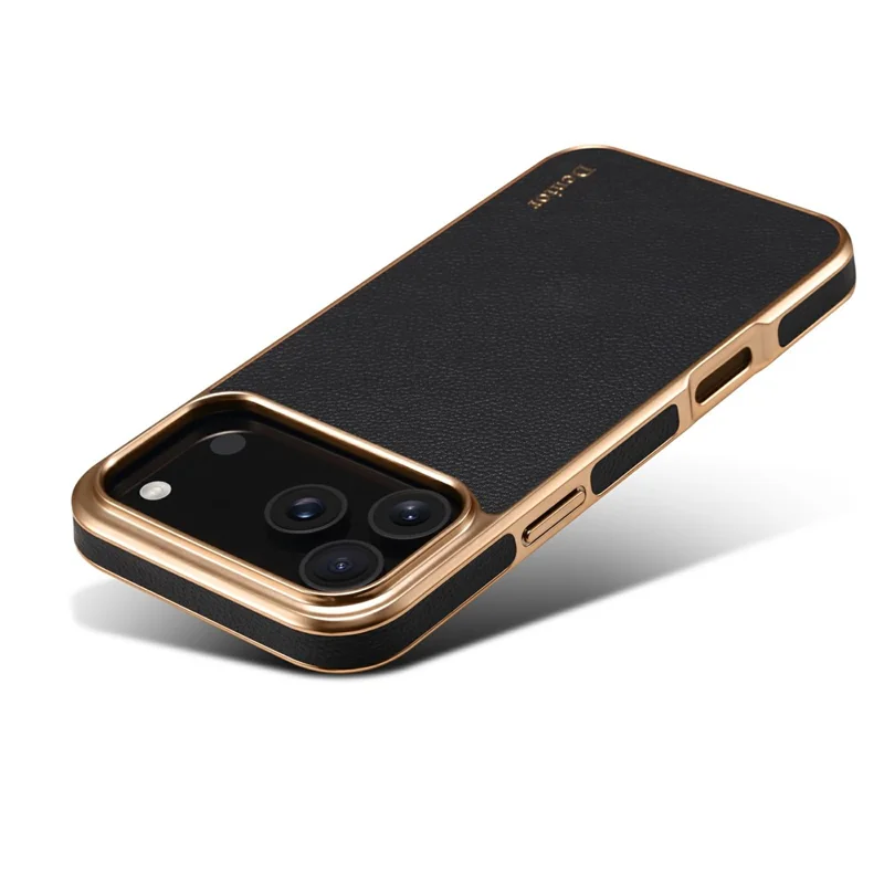 DENIOR Pour iPhone 17 Pro Max Étui en Cuir de Vache Véritable Revêtu de PC + TPU Coque de Téléphone Électrolytique - Noir