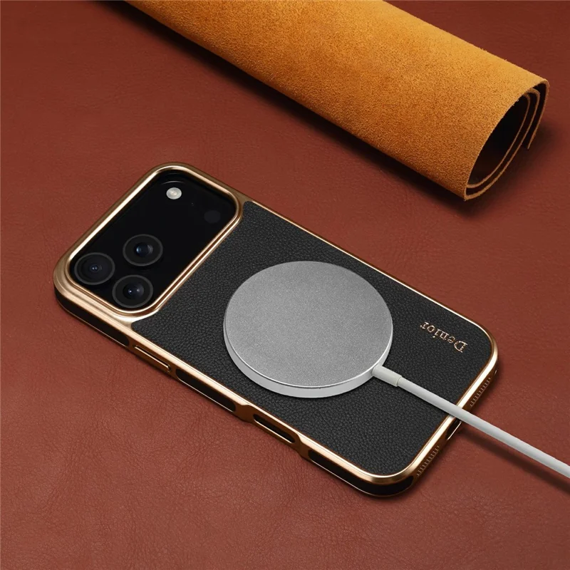 DENIOR Pour iPhone 17 Pro Max Étui en Cuir de Vache Véritable Revêtu de PC + TPU Coque de Téléphone Électrolytique - Noir