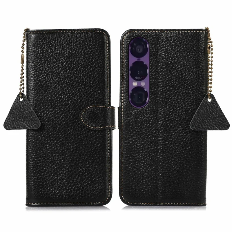 Pour Sony Xperia 1 VII Étui Blocage RFID en Cuir de Vache Véritable Housse de Téléphone Texture Litchi - Noir