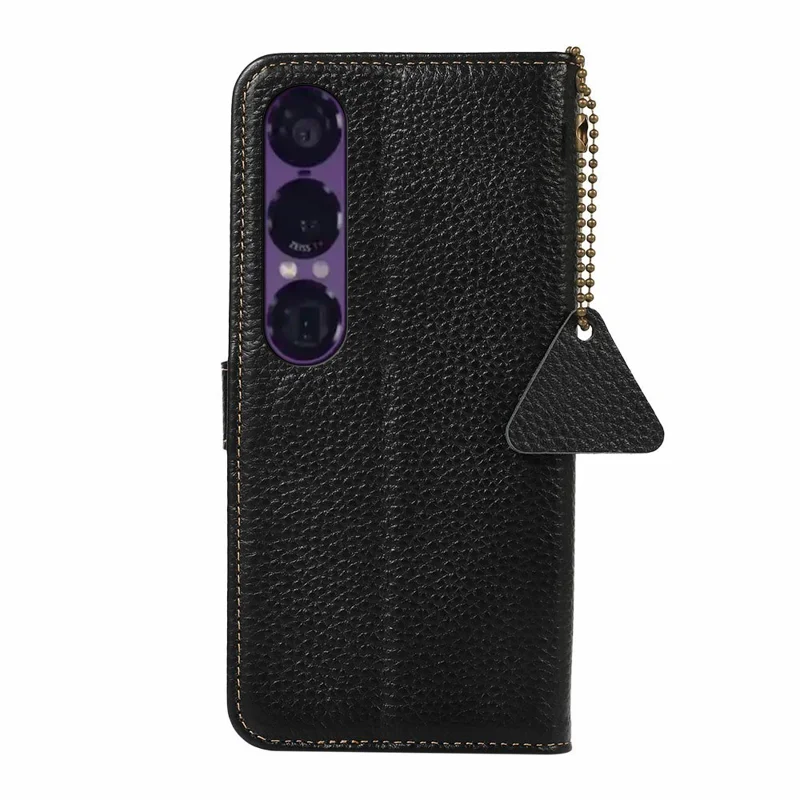Pour Sony Xperia 1 VII Étui Blocage RFID en Cuir de Vache Véritable Housse de Téléphone Texture Litchi - Noir