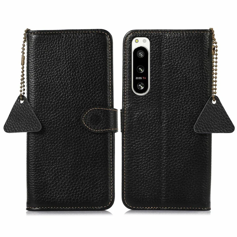 For Sony Xperia 5 IV 5G Case RFID Blocking Genuine Cow Leather Phone Cover Litchi Texture - Black