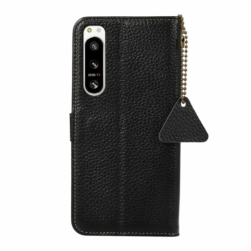 For Sony Xperia 5 IV 5G Case RFID Blocking Genuine Cow Leather Phone Cover Litchi Texture - Black