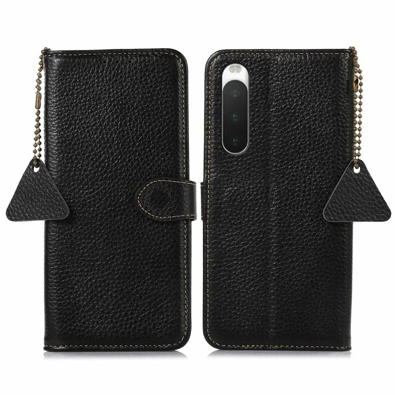Pour Sony Xperia 10 IV 5G Étui Blocage RFID en Cuir de Vache Véritable Housse de Téléphone Texture de Litchi - Noir