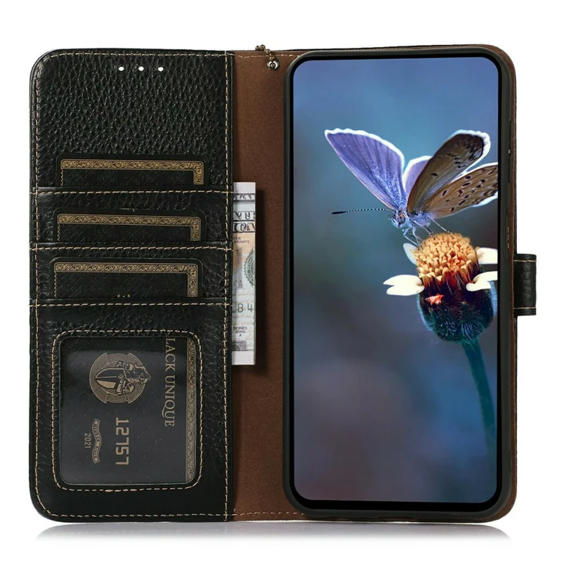 Pour Sony Xperia 10 IV 5G Étui Blocage RFID en Cuir de Vache Véritable Housse de Téléphone Texture de Litchi - Noir