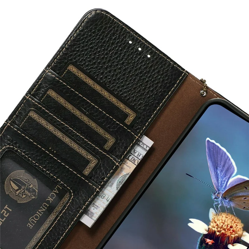 Pour Sony Xperia 10 IV 5G Étui Blocage RFID en Cuir de Vache Véritable Housse de Téléphone Texture de Litchi - Noir