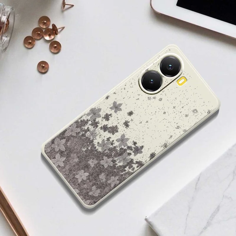 For Xiaomi Redmi Turbo 4 5G  /  Poco X7 Pro 5G Case Grey Flowers Pattern Printing Straight Edge TPU Phone Back Cover - Beige