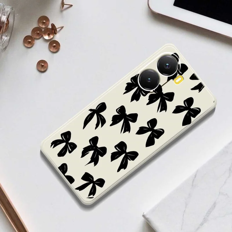 For Xiaomi Redmi Turbo 4 5G  /  Poco X7 Pro 5G Case Black Bow Pattern Printing Straight Edge TPU Phone Back Cover - Beige