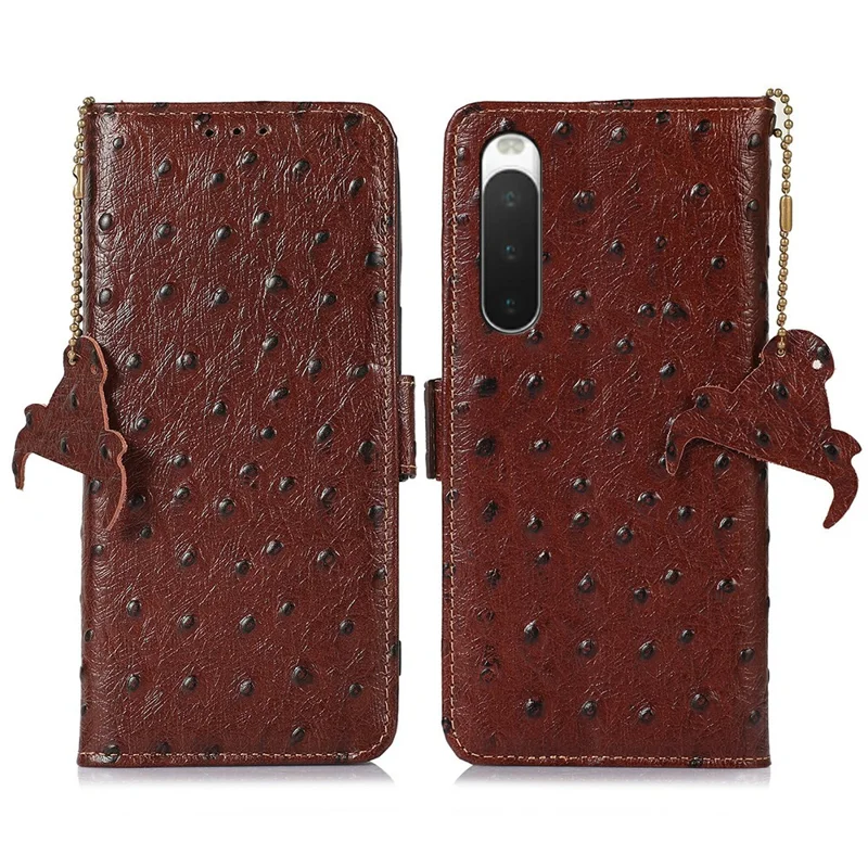 Pour Sony Xperia 10 IV 5G Étui Blocage RFID en Cuir de Vache Véritable avec Texture d'Autruche - Café