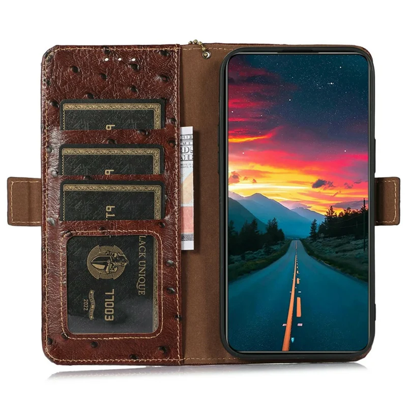 For Sony Xperia 5 IV 5G Case RFID Blocking Genuine Cow Leather Phone Case Ostrich Texture - Coffee
