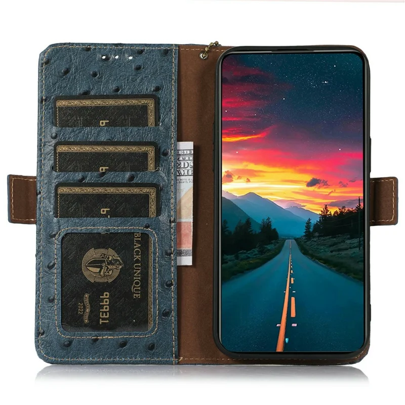 For Sony Xperia 5 IV 5G Case RFID Blocking Genuine Cow Leather Phone Case Ostrich Texture - Blue