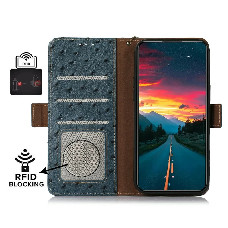 For Sony Xperia 5 IV 5G Case RFID Blocking Genuine Cow Leather Phone Case Ostrich Texture - Blue