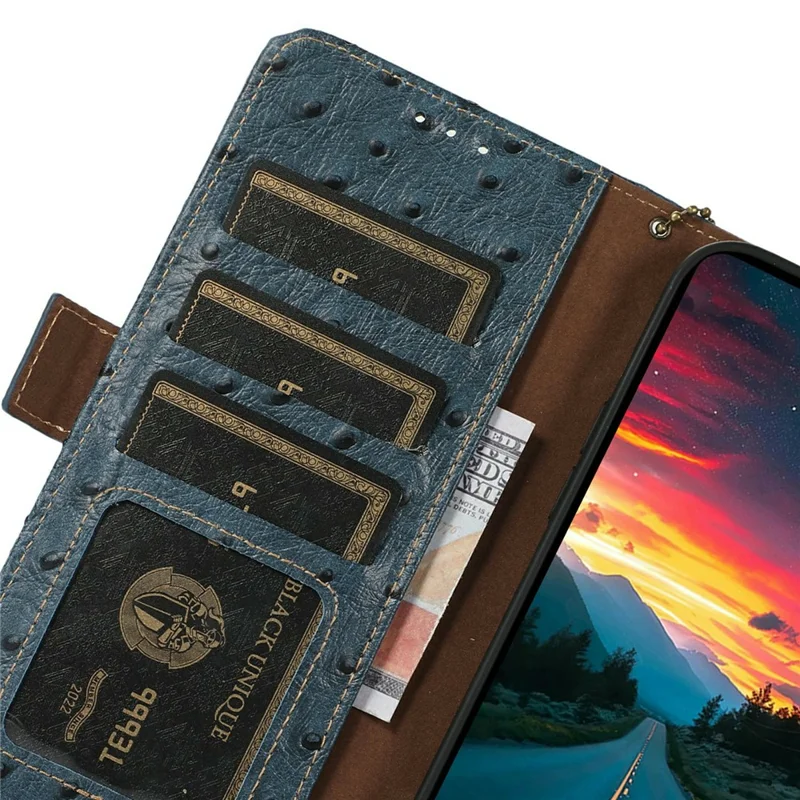 For Sony Xperia 5 IV 5G Case RFID Blocking Genuine Cow Leather Phone Case Ostrich Texture - Blue
