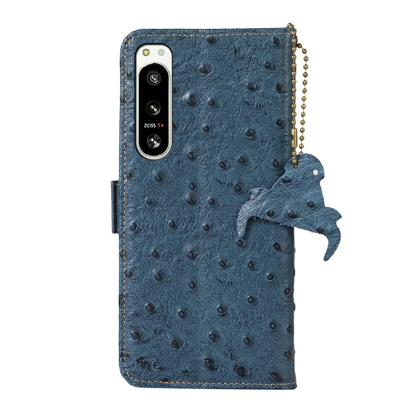 For Sony Xperia 5 IV 5G Case RFID Blocking Genuine Cow Leather Phone Case Ostrich Texture - Blue
