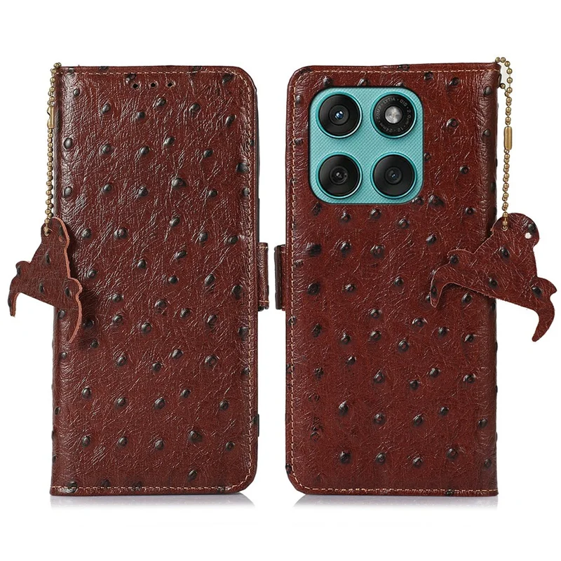 Capa de Couro Genuíno de Vaca para Motorola Edge 60 Fusion 5G com Bloqueio RFID - Textura de Avestruz - Café