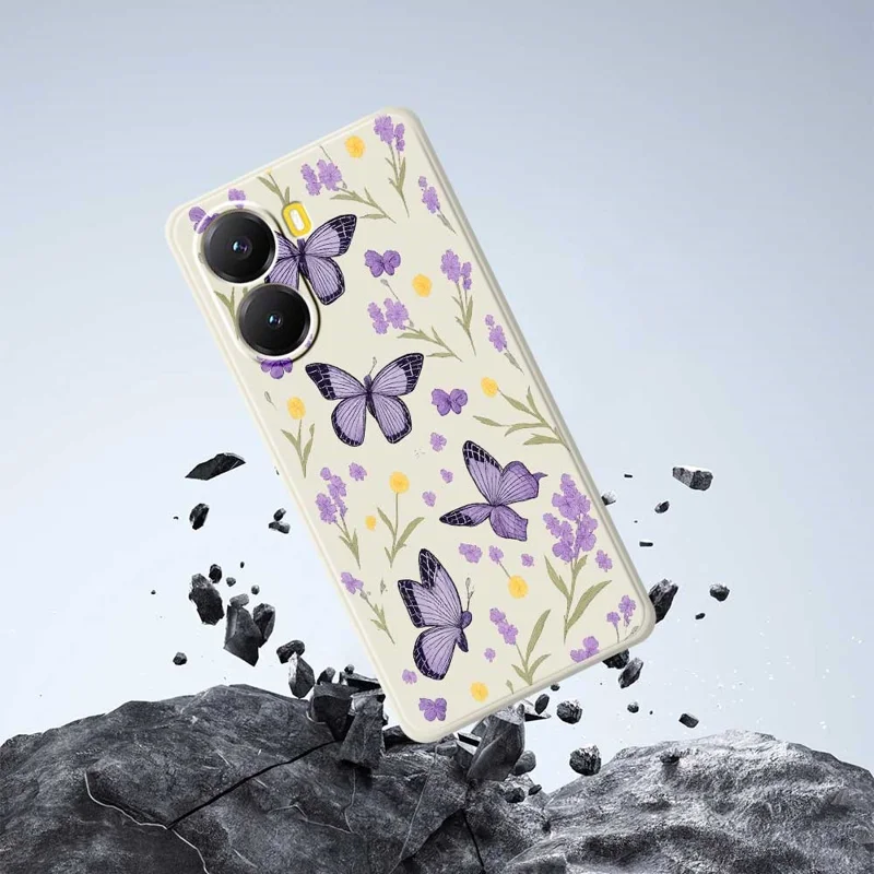 Für Xiaomi Redmi Turbo 4 5G / Poco X7 Pro 5G Hülle Lila Schmetterlinge Muster Druck Gerade Kante TPU Handy Rückseite Schutzhülle - Beige